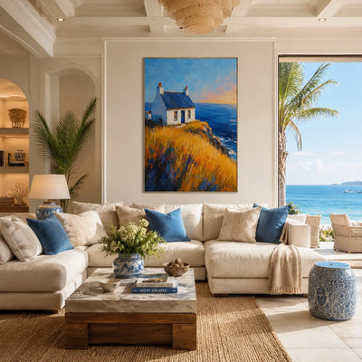 Cliff Cottage Coastal Wall Art room scene 2 | Olyrel