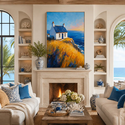 Cliff Cottage Coastal Wall Art room scene 3 | Olyrel