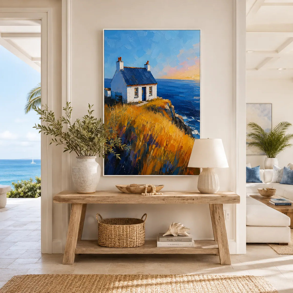 Cliff Cottage Coastal Wall Art room scene 4 | Olyrel