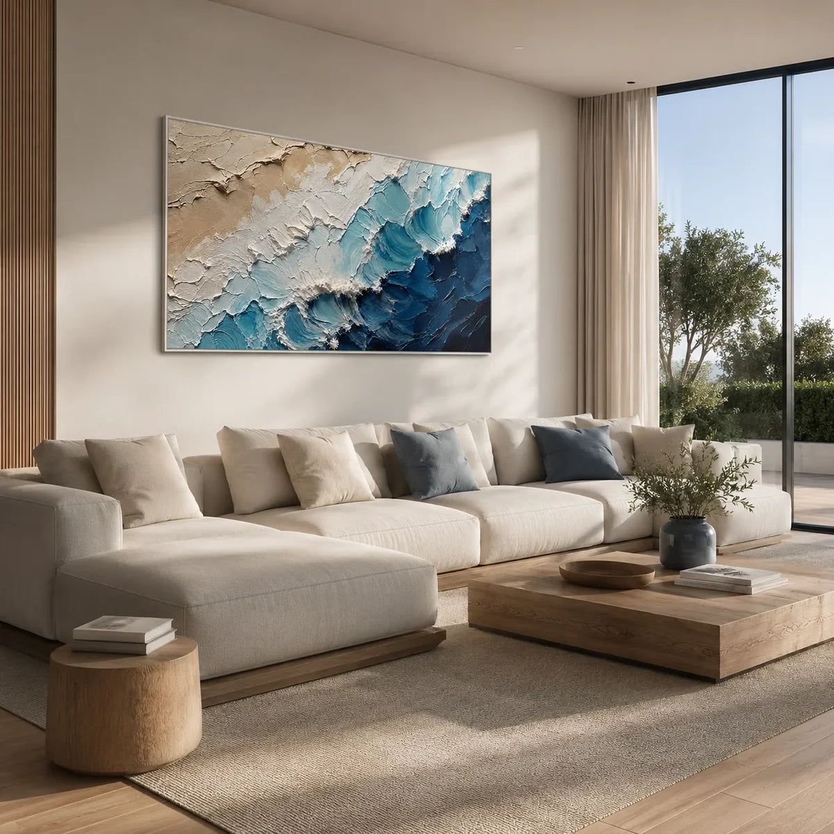 Coastal Wave Ocean Wall Art styled in a modern living room | Olyrel