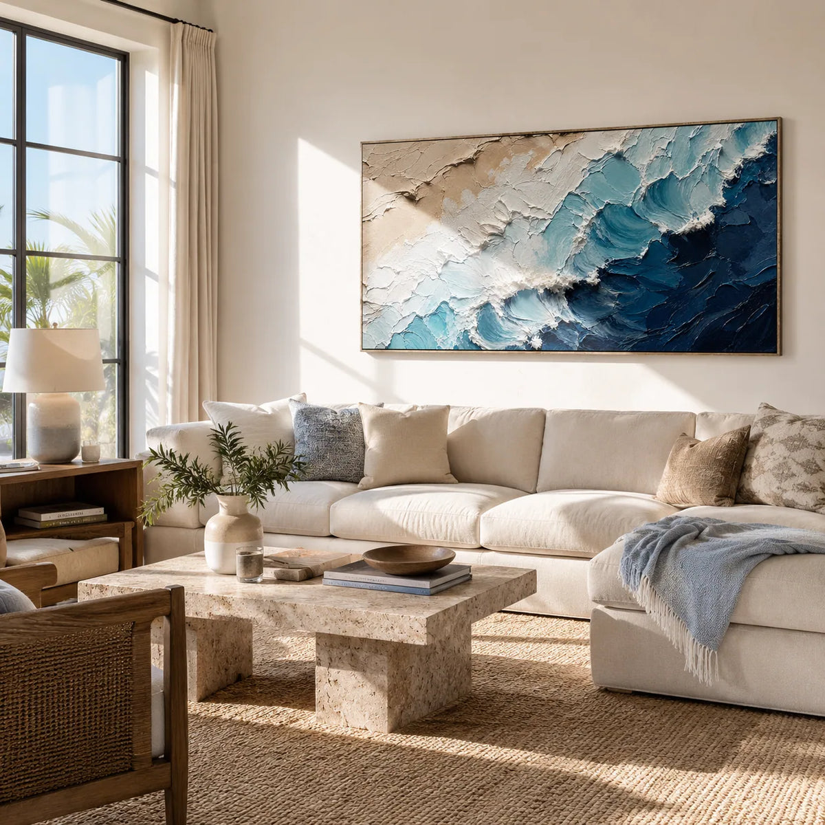 Coastal Wave Ocean Wall Art displayed above a sofa in a neutral interior | Olyrel