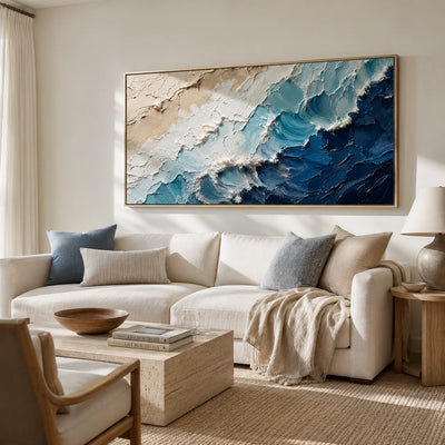 Coastal Wave Ocean Wall Art shown in a calm bedroom setting | Olyrel