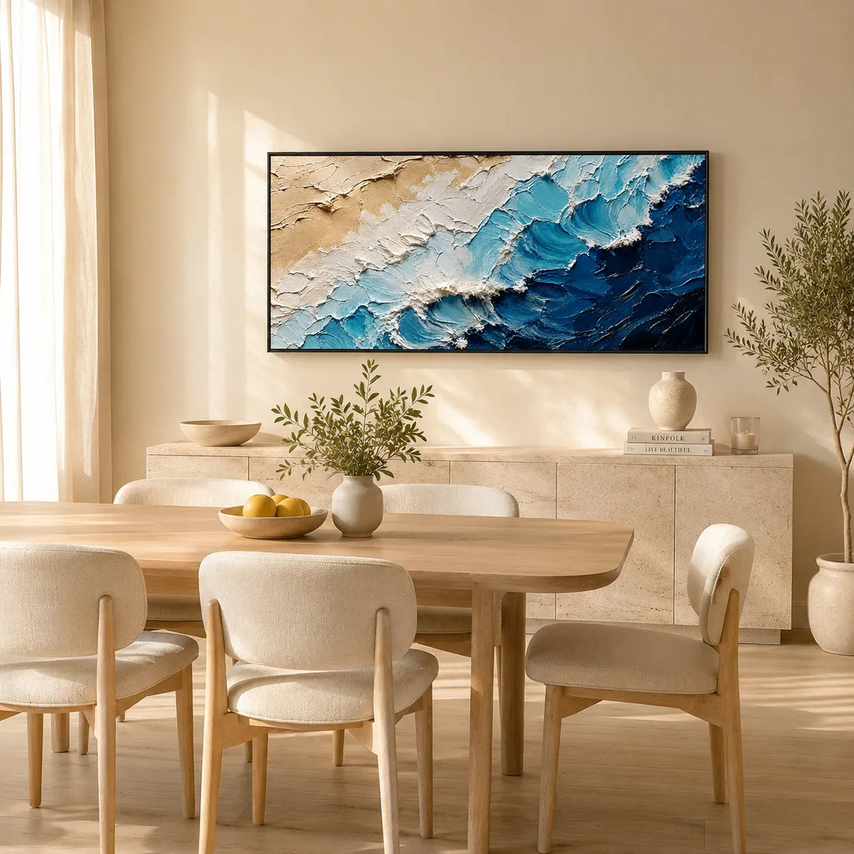 Coastal Wave Ocean Wall Art displayed in a bright dining room | Olyrel