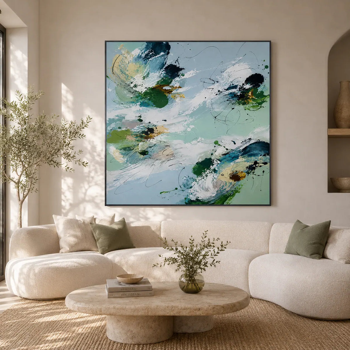 Emerald Wash Abstract Wall Art room scene 2 | Olyrel