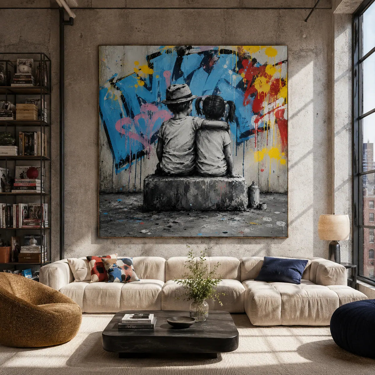 Graffiti Bench Figure Wall Art room scene 6 | Olyrel