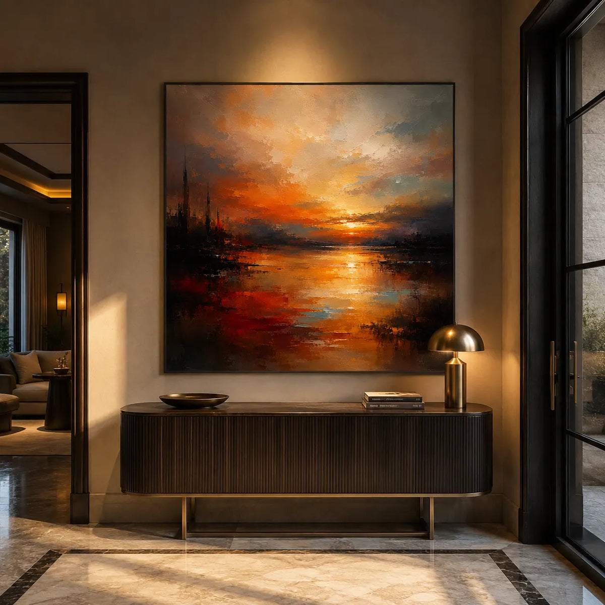 Amber Harbor Cityscape Wall Art room scene 4 | Olyrel