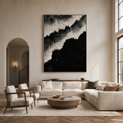 Monochrome Ridge Abstract Wall Art styled above a sofa in a living room | Olyrel