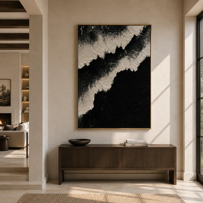 Monochrome Ridge Abstract Wall Art styled above an entryway console | Olyrel
