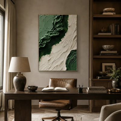 Emerald Flow Textured Wall Art shown in a quiet home office | Olyrel