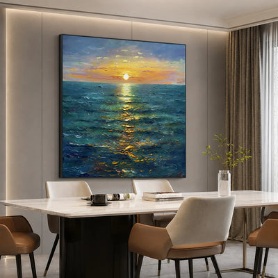 Sunlit Tide Seascape Wall Art styled in a bright dining room | Olyrel