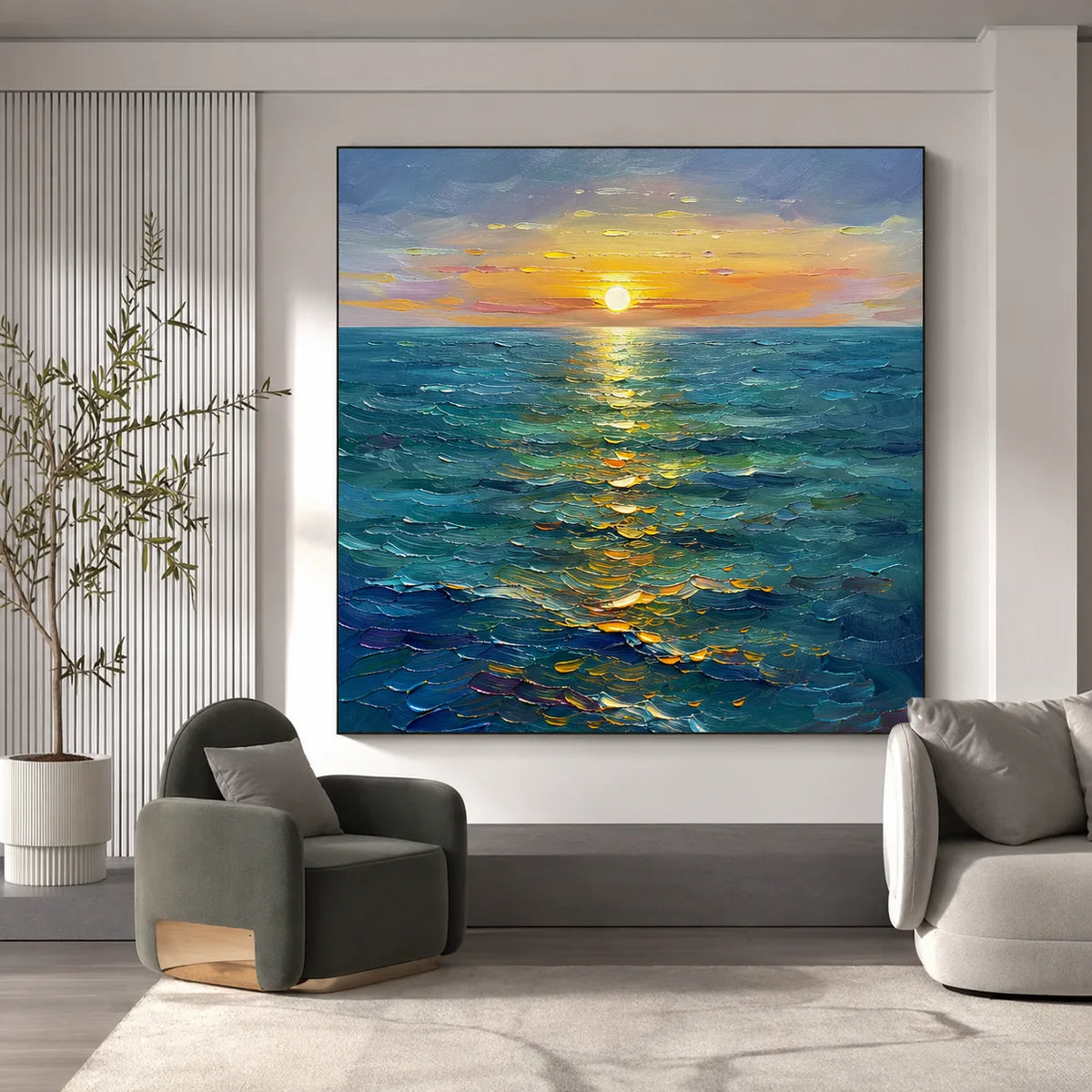 Sunlit Tide Seascape Wall Art displayed in a modern living room | Olyrel