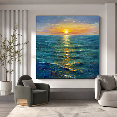 Sunlit Tide Seascape Wall Art displayed in a modern living room | Olyrel