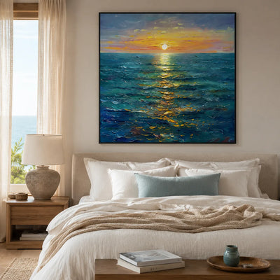 Sunlit Tide Seascape Wall Art styled above a calm bedroom | Olyrel