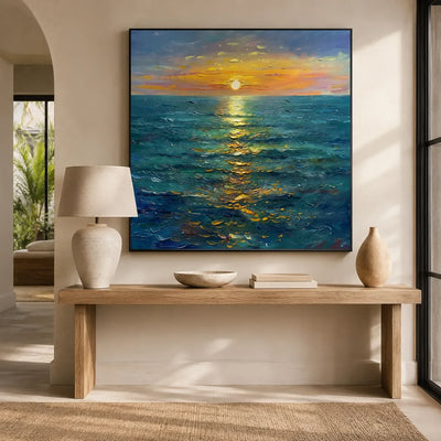 Sunlit Tide Seascape Wall Art styled above an entryway console | Olyrel