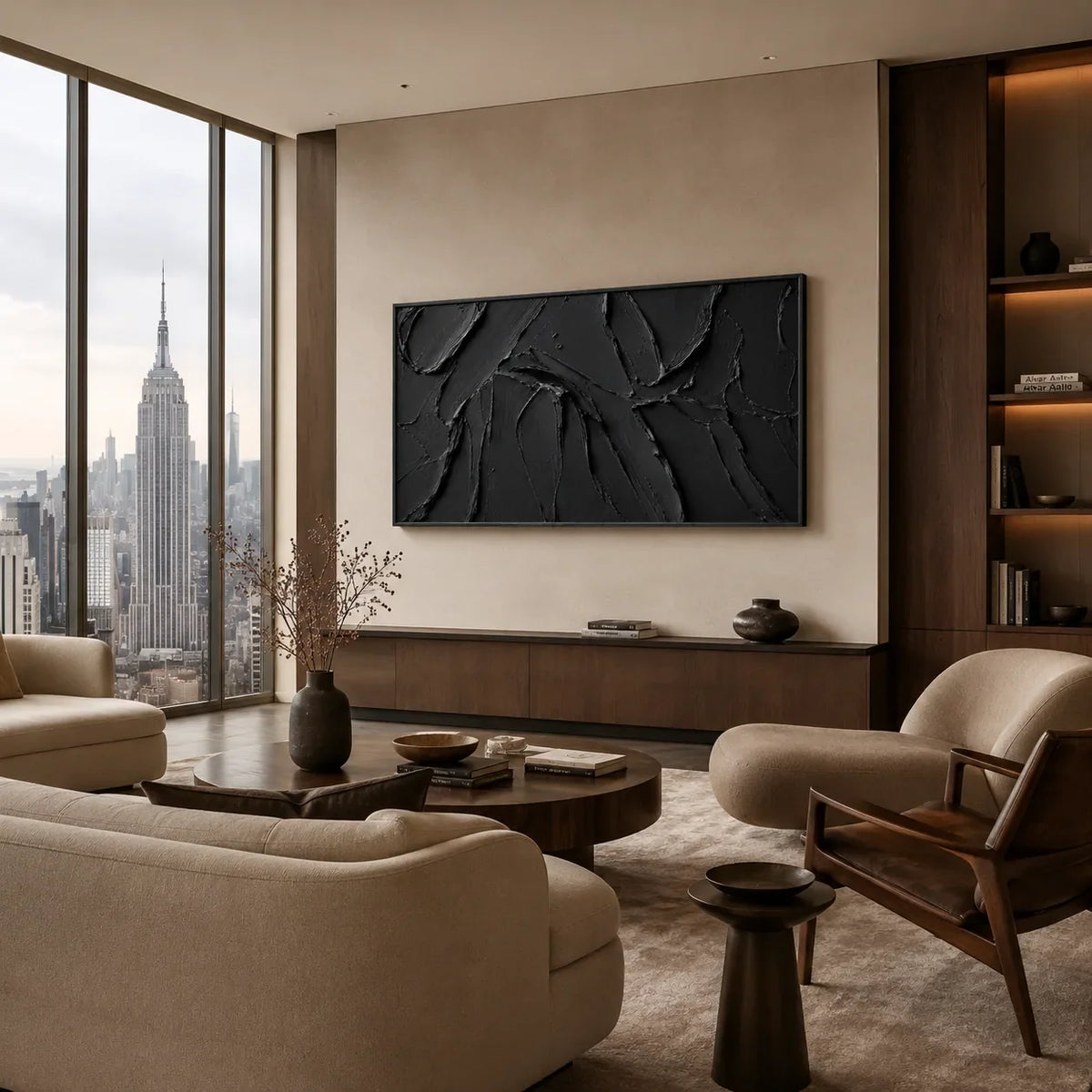 Black Layers Textured Wall Art displayed above a sofa in a neutral interior | Olyrel