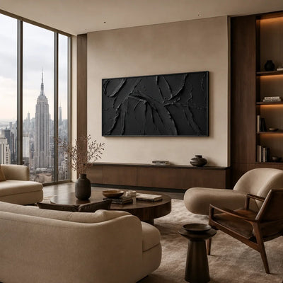 Black Layers Textured Wall Art displayed above a sofa in a neutral interior | Olyrel