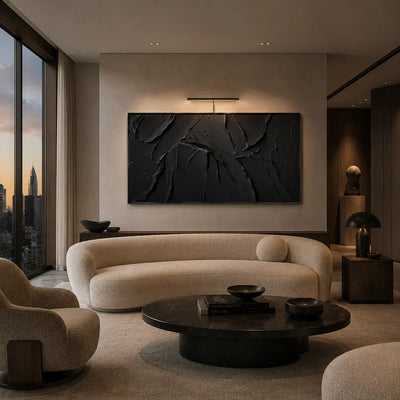 Black Layers Textured Wall Art styled in a modern living room | Olyrel