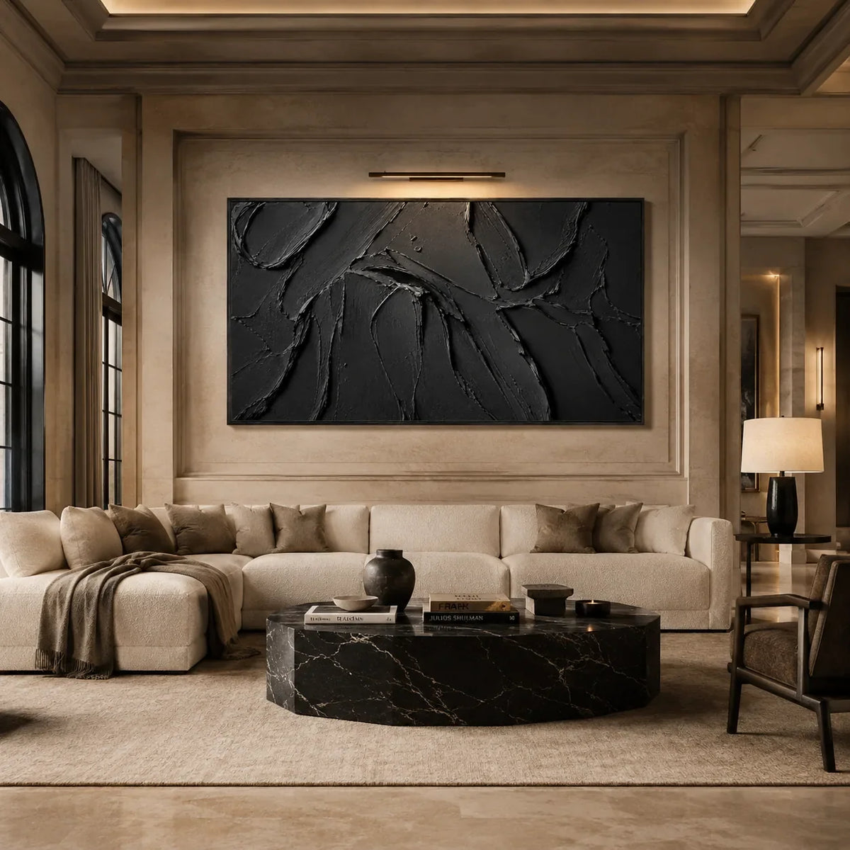 Black Layers Textured Wall Art displayed in a bright dining room | Olyrel