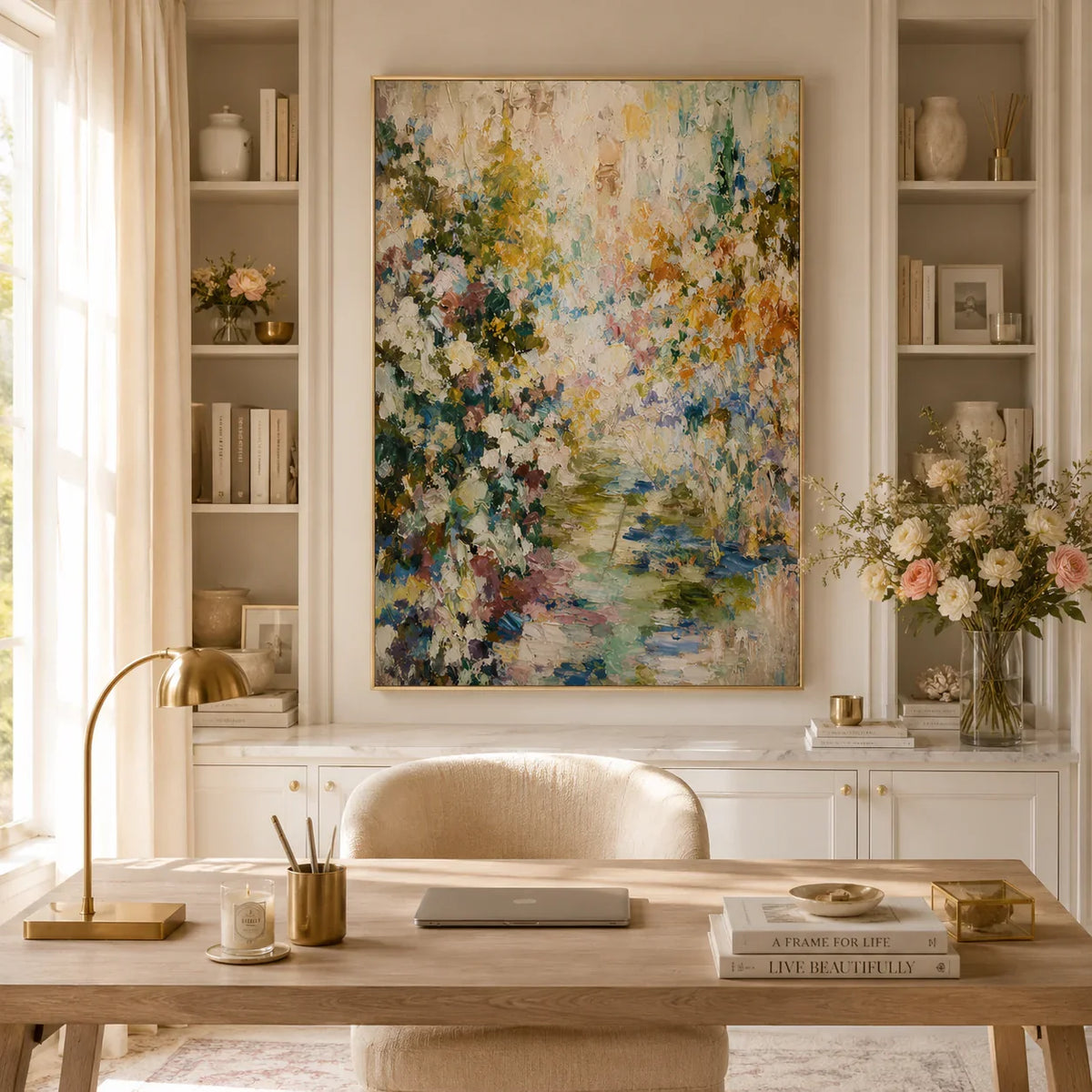 Meadow Veil Floral Wall Art styled in a living room | Olyrel