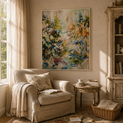 Meadow Veil Floral Wall Art styled in a reading corner | Olyrel