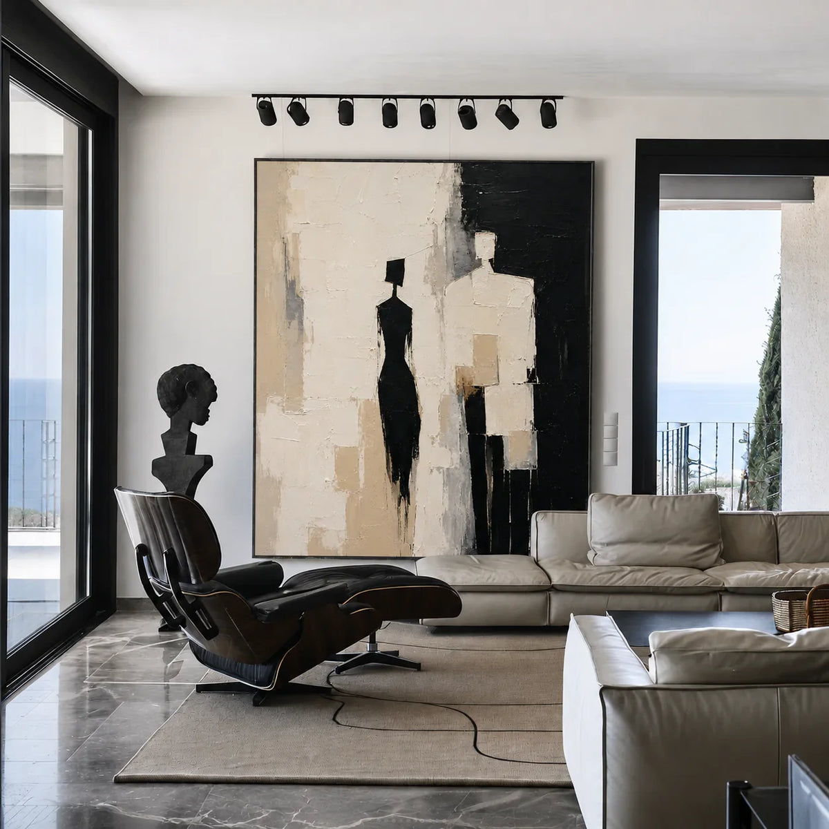 Shadow Pair Figure Wall Art in a modern black and white living room | Olyrel