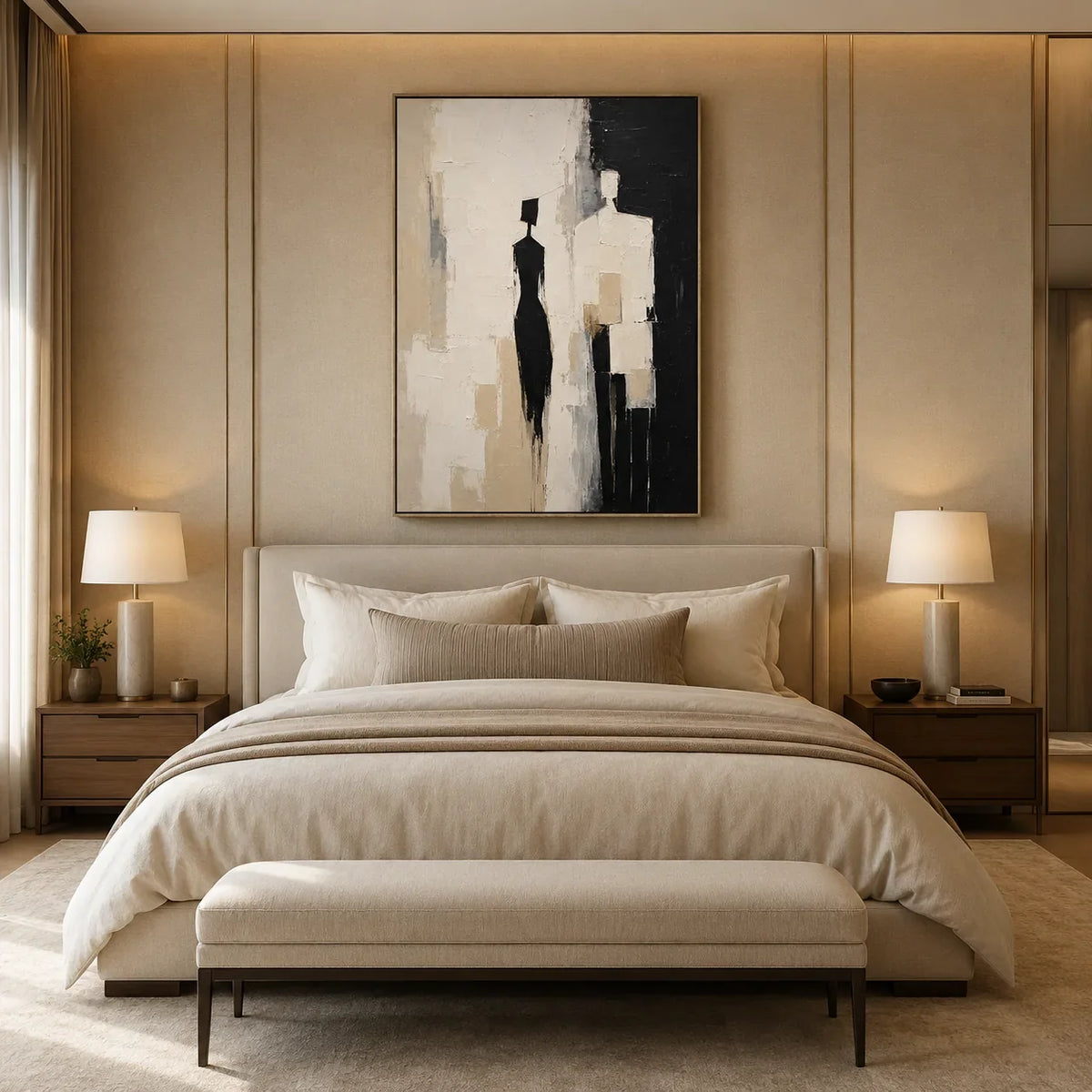 Shadow Pair Figure Wall Art shown in a calm bedroom setting | Olyrel