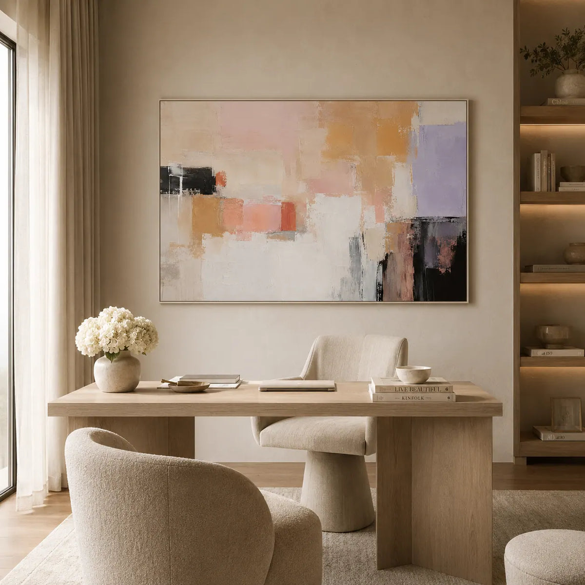 Peach Blocks Abstract Wall Art room scene 4 | Olyrel