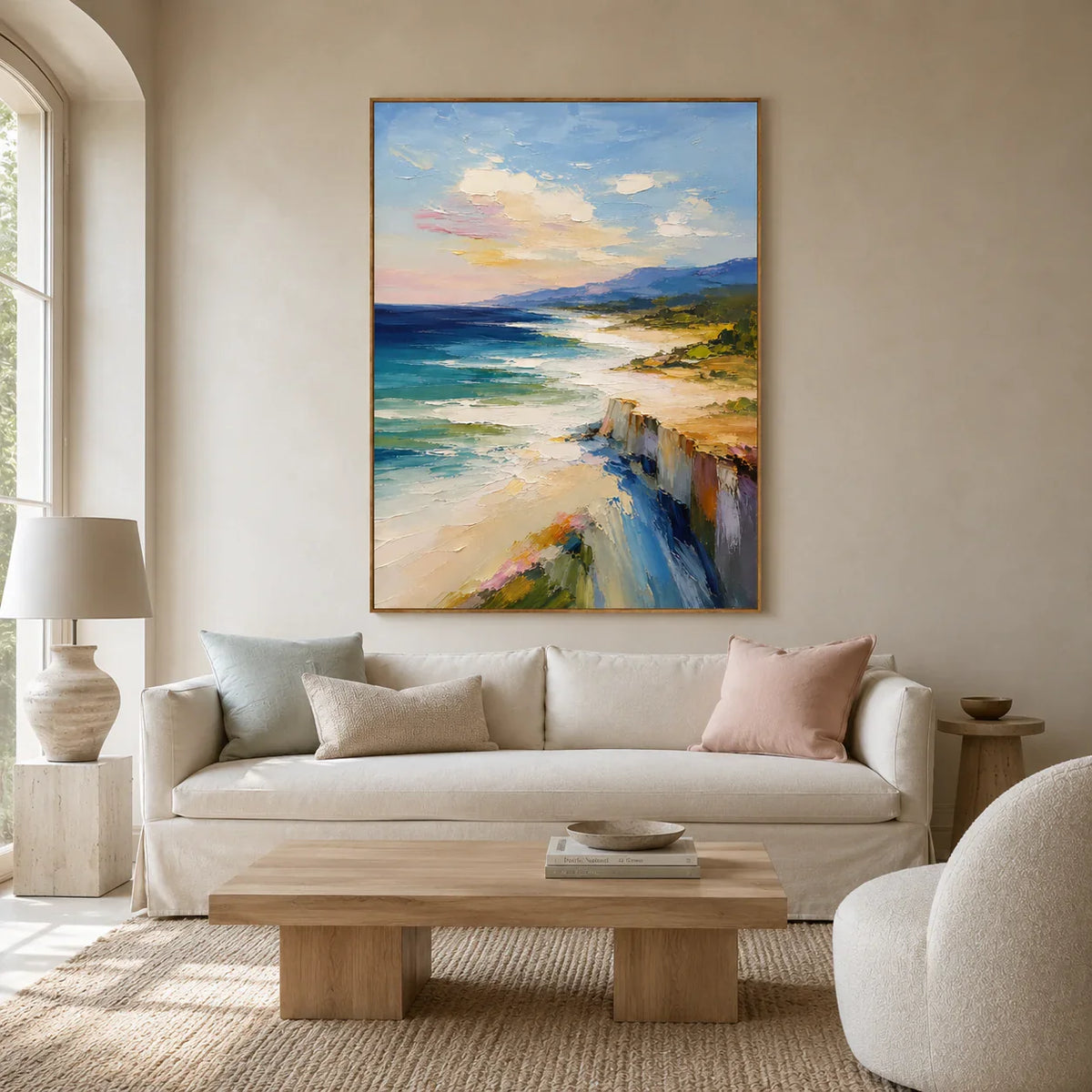 Coastal Cliff Landscape Wall Art styled in a living room | Olyrel