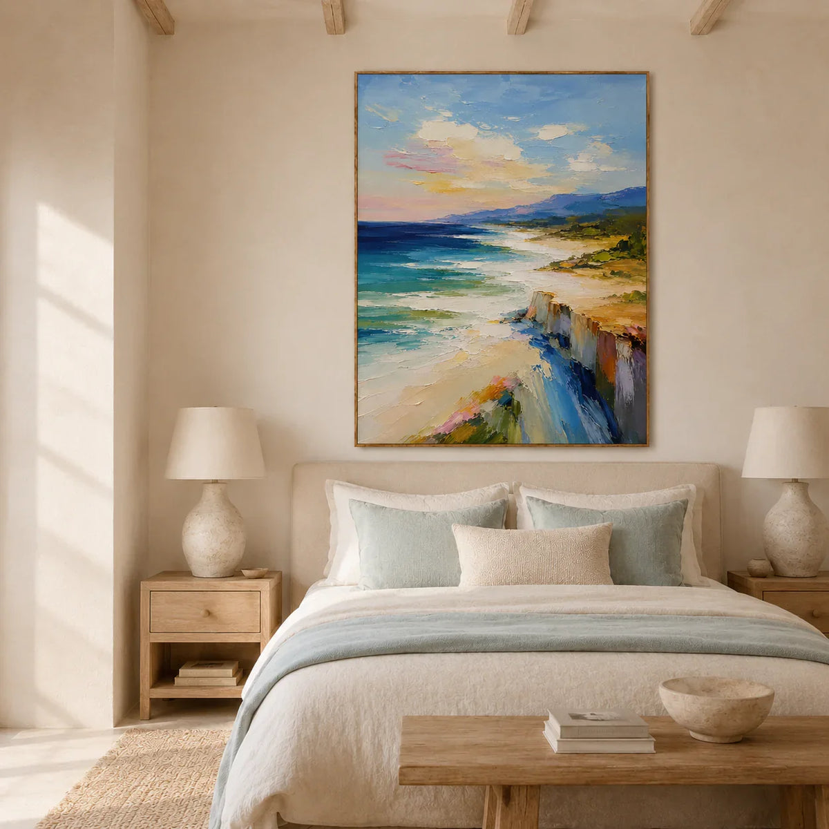 Coastal Cliff Landscape Wall Art styled in a bedroom | Olyrel