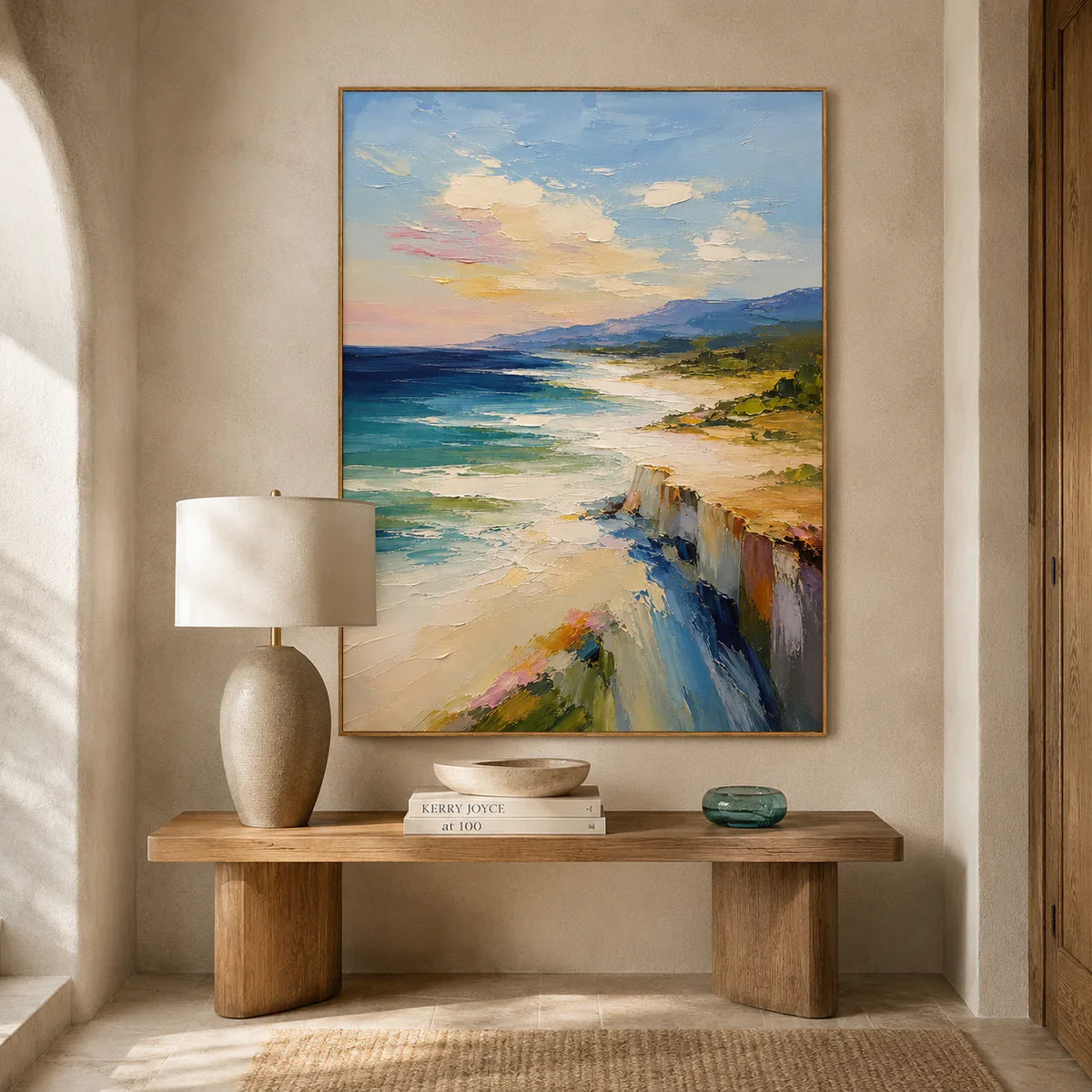 Coastal Cliff Landscape Wall Art styled in a entryway | Olyrel