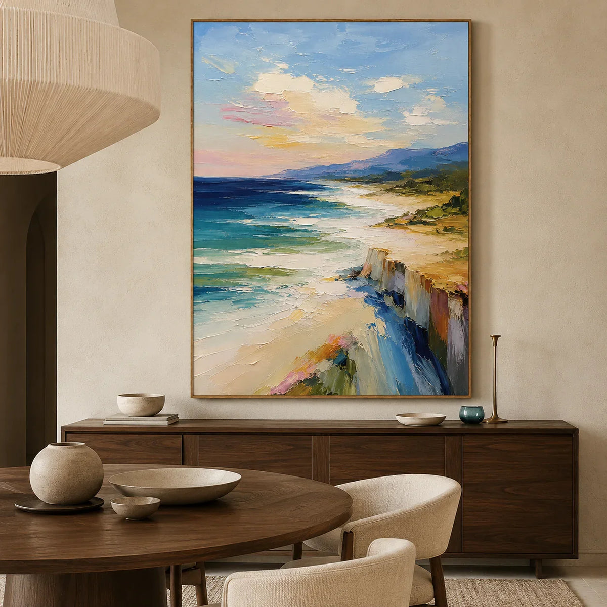 Coastal Cliff Landscape Wall Art styled in a dining room | Olyrel