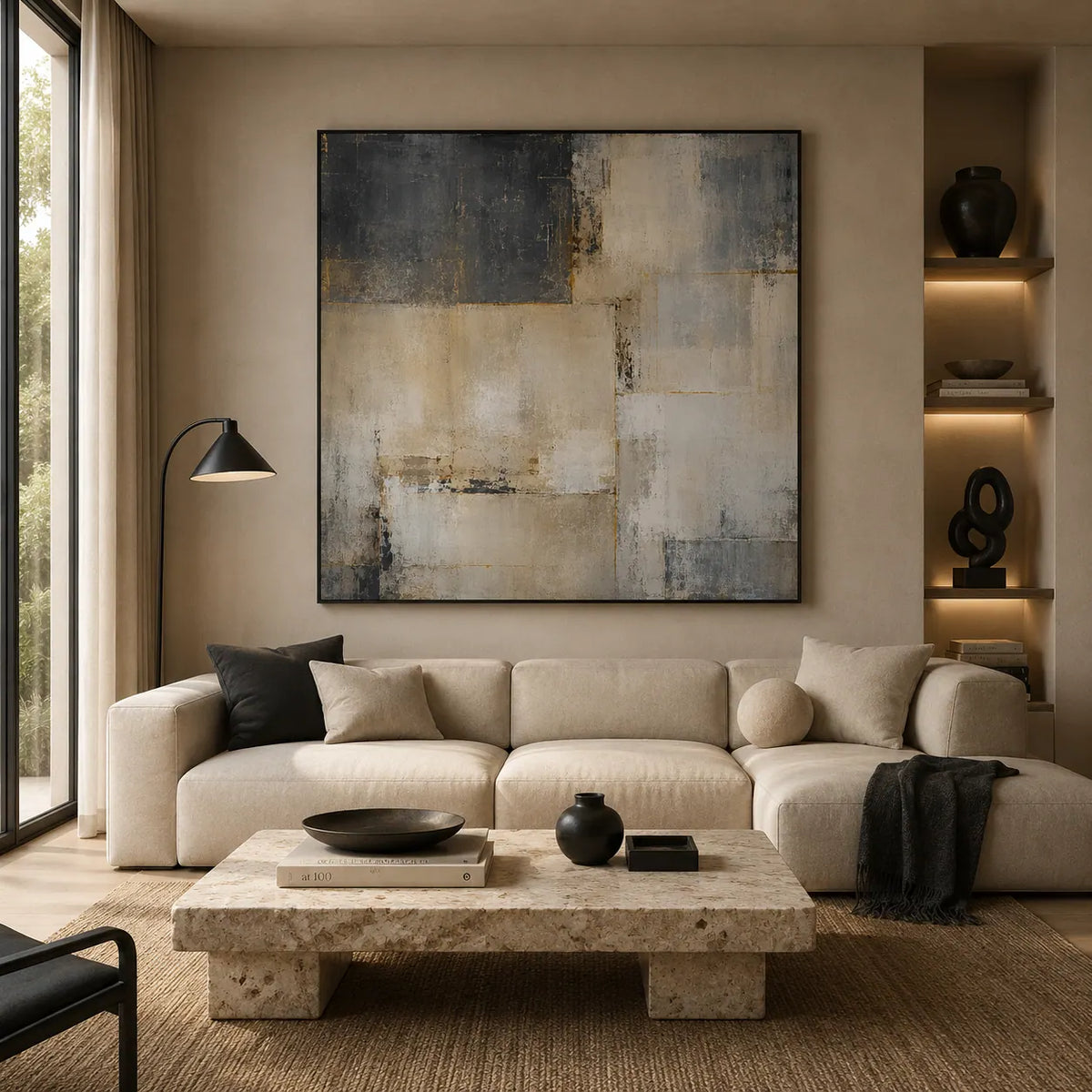 Stone Grid Abstract Wall Art room scene 3 | Olyrel