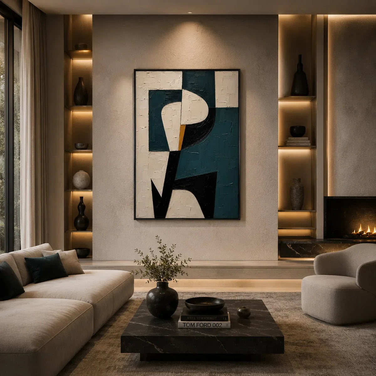 Teal Profile Abstract Wall Art styled in a modern living room | Olyrel