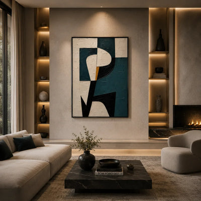 Teal Profile Abstract Wall Art styled in a modern living room | Olyrel