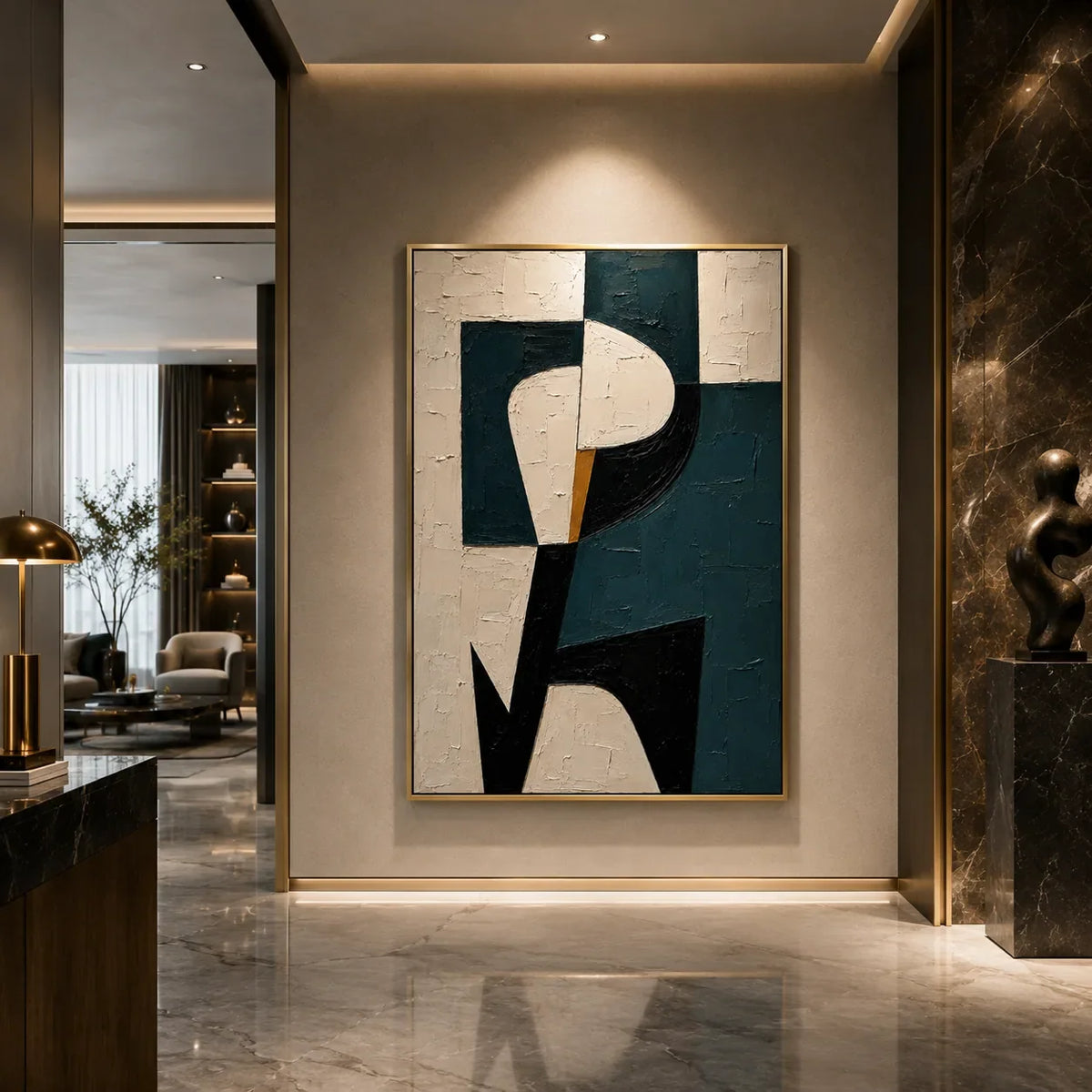Teal Profile Abstract Wall Art displayed above a sofa in a neutral interior | Olyrel