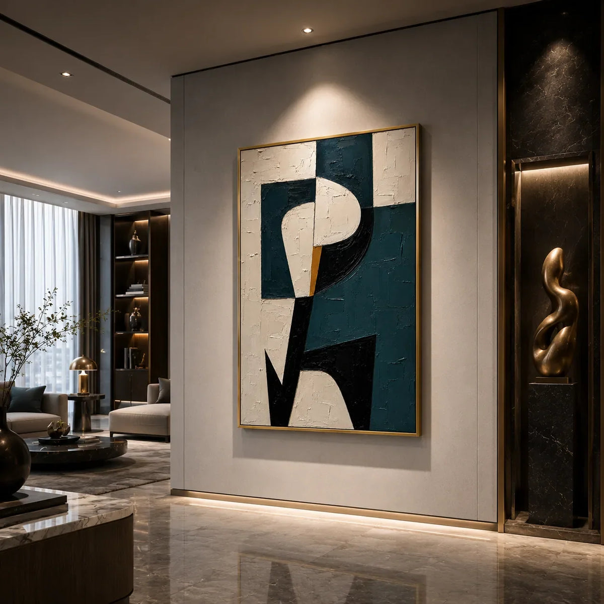 Teal Profile Abstract Wall Art shown in a calm bedroom setting | Olyrel