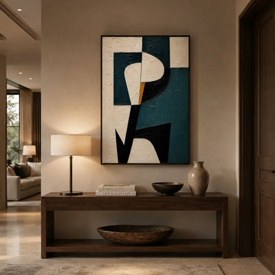 Teal Profile Abstract Wall Art displayed in a bright dining room | Olyrel