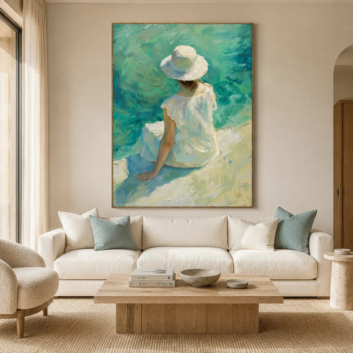 Sun Hat Shore Figure Wall Art styled in a bright coastal living room | Olyrel