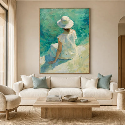 Sun Hat Shore Figure Wall Art styled in a bright coastal living room | Olyrel