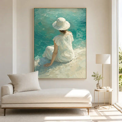 Sun Hat Shore Figure Wall Art displayed above a sunlit lounge chair | Olyrel