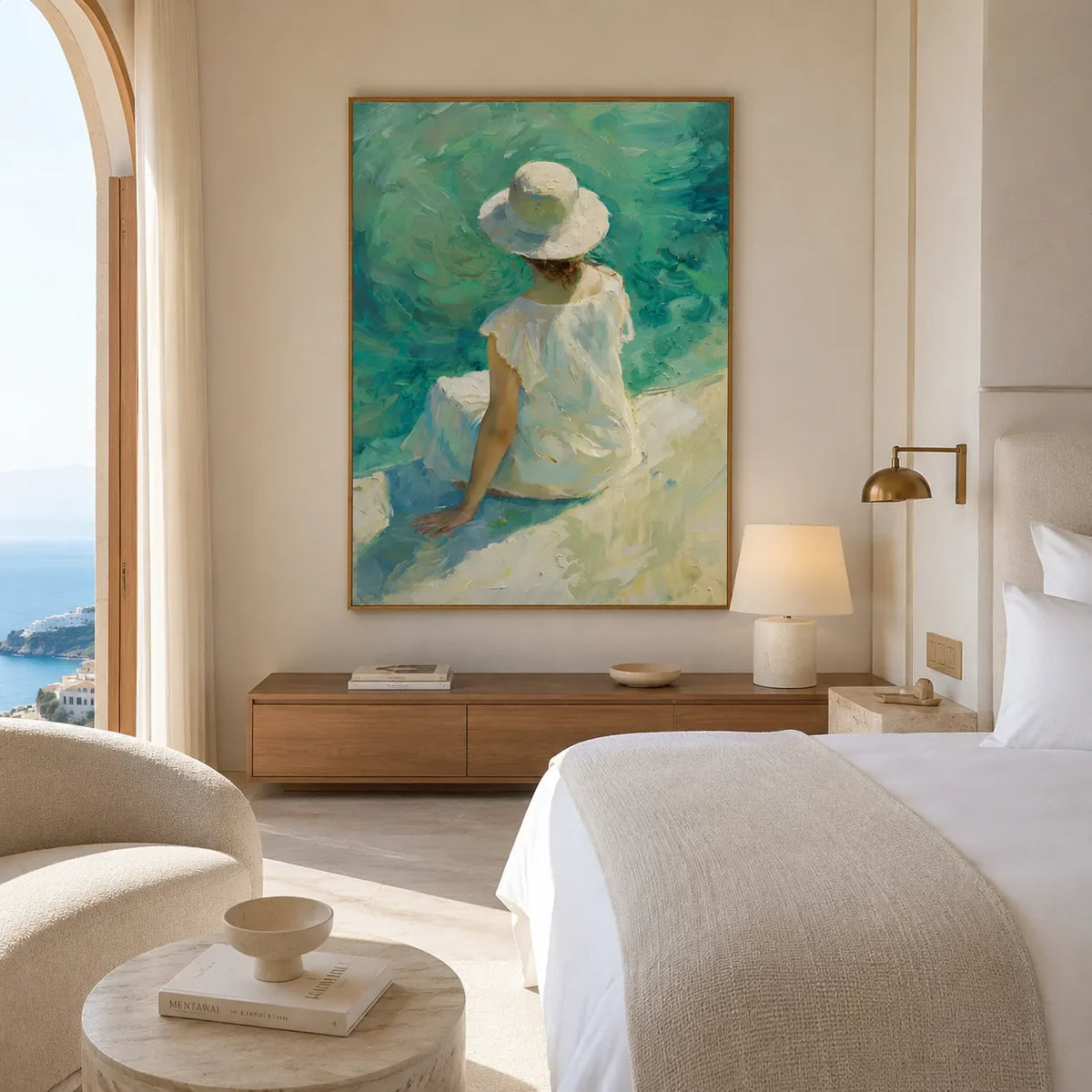 Sun Hat Shore Figure Wall Art displayed in a coastal bedroom retreat | Olyrel