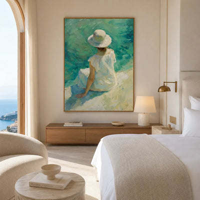 Sun Hat Shore Figure Wall Art displayed in a coastal bedroom retreat | Olyrel