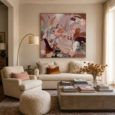 Blush Motion Abstract Wall Art styled in a soft neutral living room | Olyrel