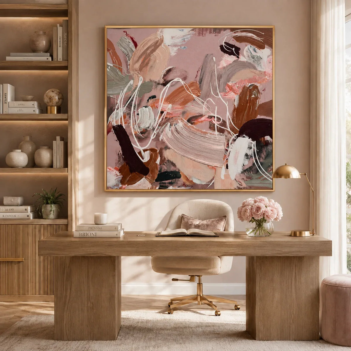 Blush Motion Abstract Wall Art styled in a warm contemporary office | Olyrel
