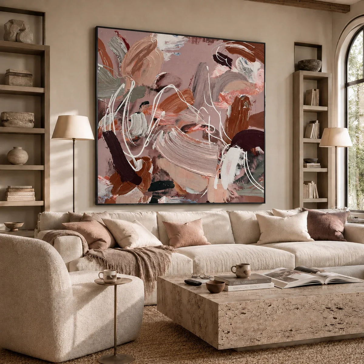 Blush Motion Abstract Wall Art displayed in a relaxed living room | Olyrel