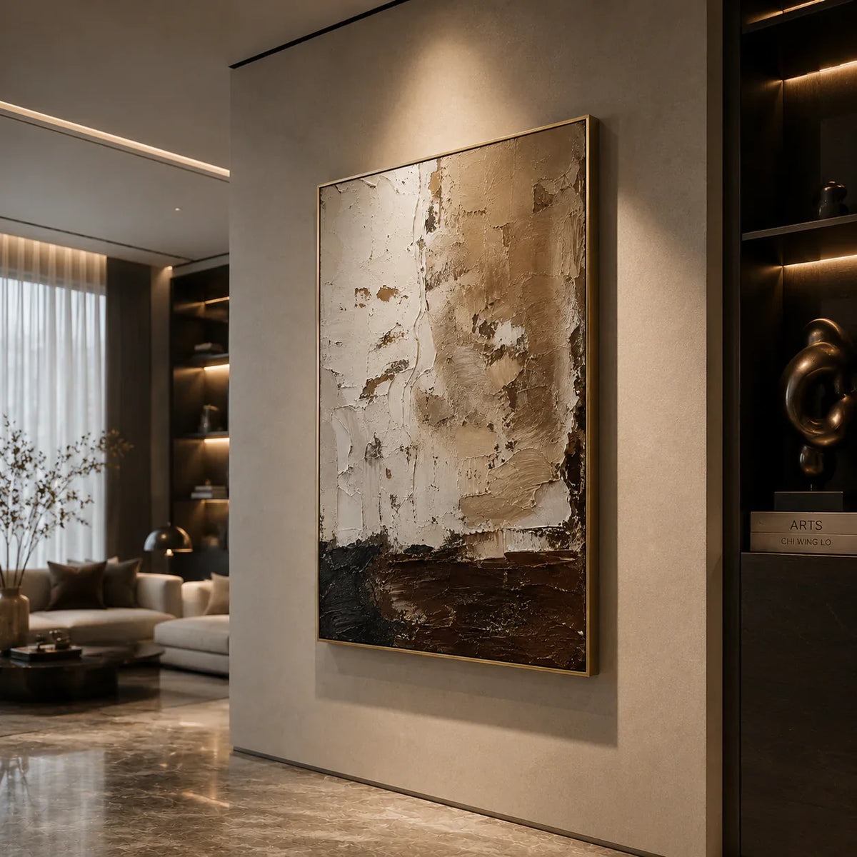 Earthen Divide Abstract Wall Art styled in a living room | Olyrel