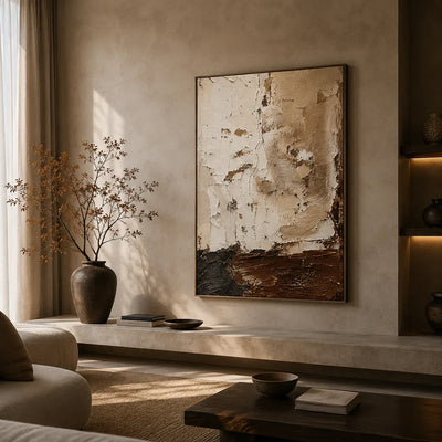 Earthen Divide Abstract Wall Art styled in a living room | Olyrel