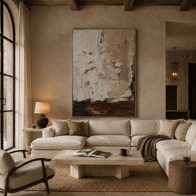 Earthen Divide Abstract Wall Art styled in a living room | Olyrel