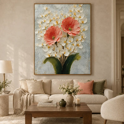 Coral Blossom Floral Wall Art styled in a neutral living room | Olyrel