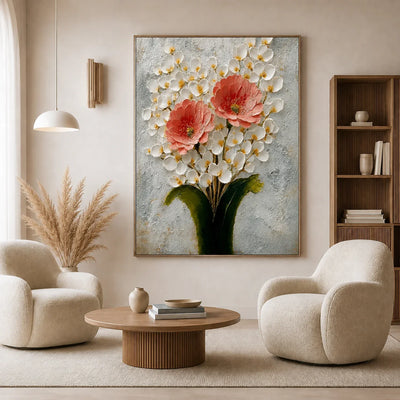 Coral Blossom Floral Wall Art displayed in a contemporary lounge | Olyrel